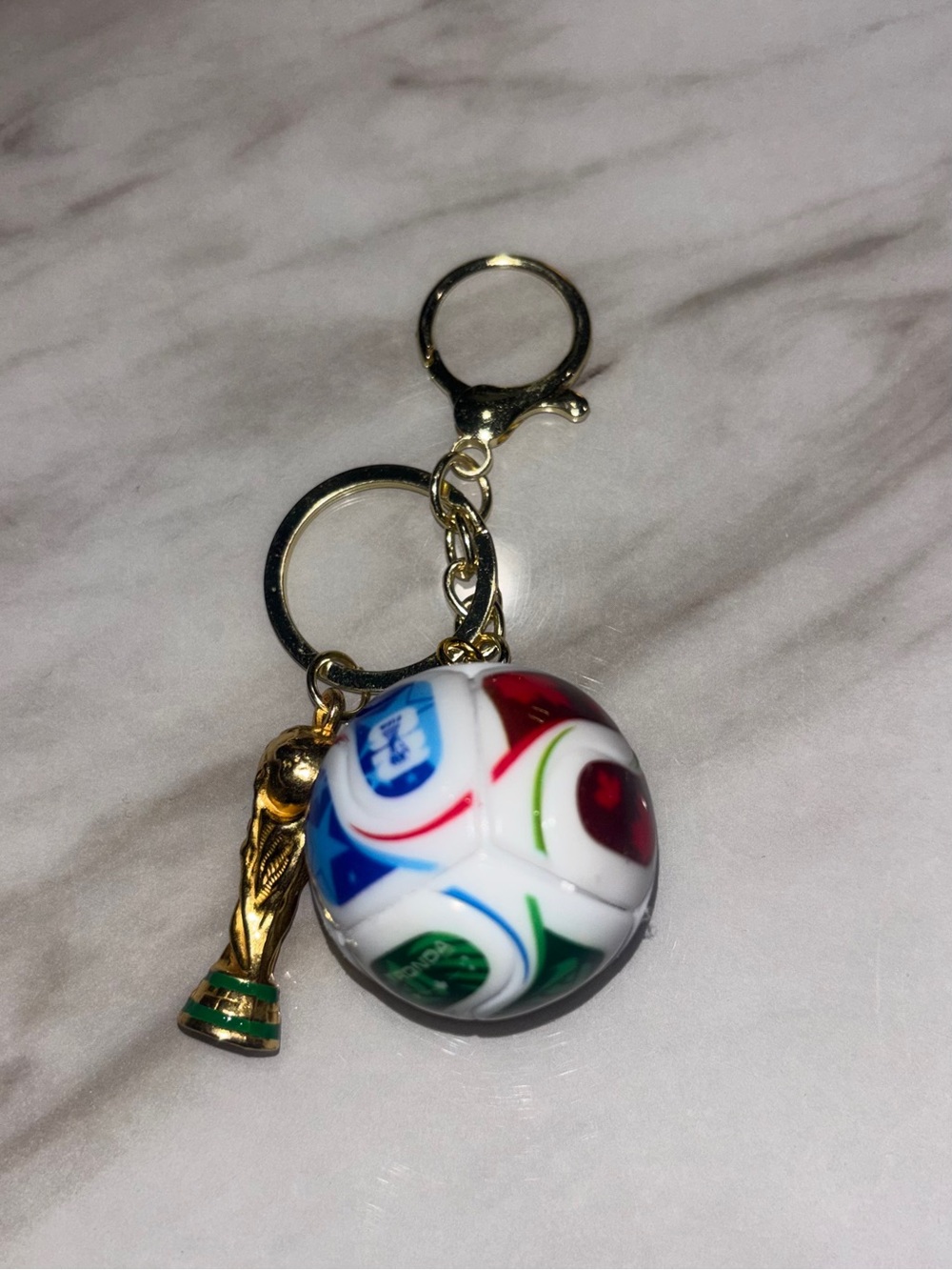 Gold Trophy & Soccer Ball Keychain - White, Red, Blue, Green FIFA